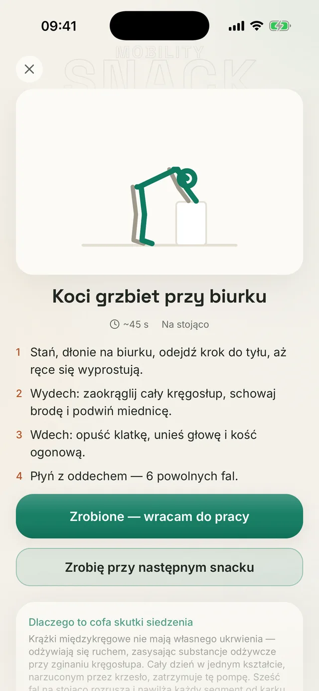 Ekran Kallen: koci grzbiet przy biurku na 45 sekund, z krokami i przyciskiem „Zrobione, wracam do pracy”