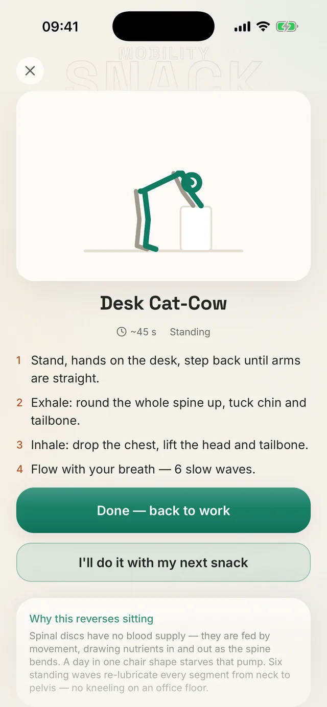 Kallen app screen: a 45-second desk cat-cow with steps and a “Done, back to work” button