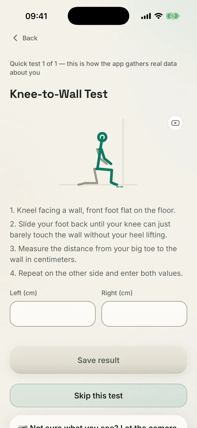 Schermata di Kallen: test ginocchio al muro con i passaggi e i campi per il risultato sinistro e destro in centimetri