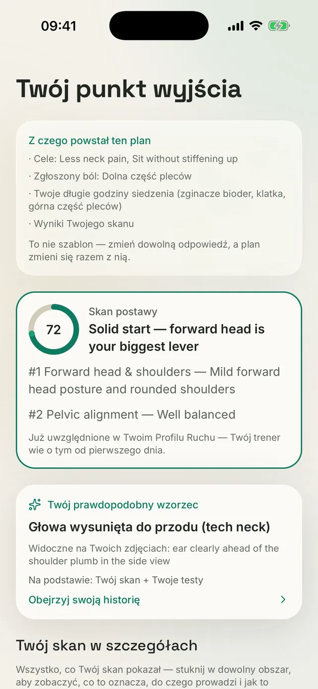 Ekran Kallen „Twój punkt wyjścia”: z czego powstał plan, wynik skanu postawy 72 i prawdopodobny wzorzec wysuniętej głowy