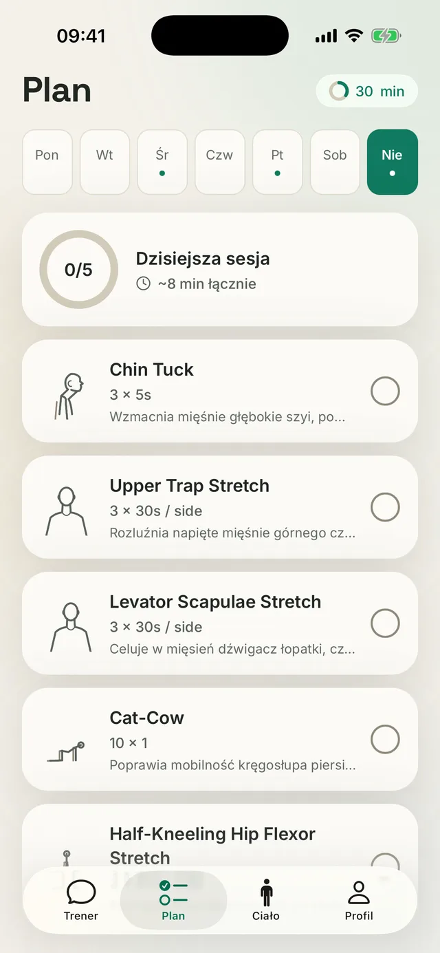 Ekran planu Kallen: wybrane dni treningowe, dzisiejsza sesja na około 8 minut oraz dawki ćwiczeń Chin Tuck 3 × 5 s i Upper Trap Stretch 3 × 30 s na stronę
